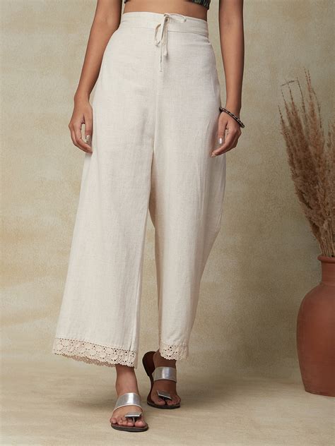 Solid Schiffli Lace Detailed Straight Fit Palazzo - Cream – Morpunkhi