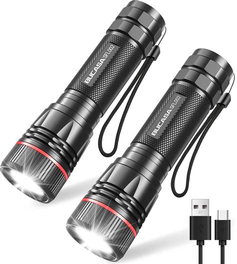 BUCASA Torches LED Super Bright 2000 Lumens, 2 Pack Rechargeable Torch with 3 Modes, Zoomable ...
