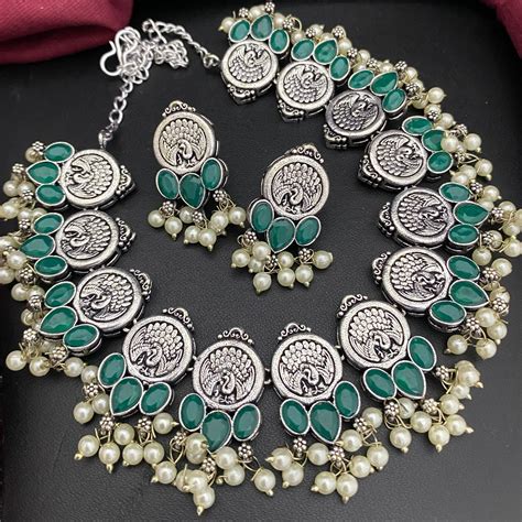 Silver Peacock Design Green Stone Oxidised Necklace Set – Kanyaa