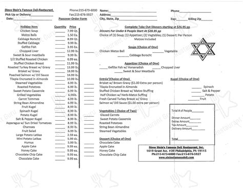 Menu at Steve Stein's Famous Deli restaurant, Philadelphia, Grant Ave # 39
