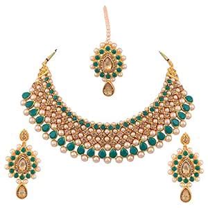 Buy Darsha Collections Traditional Green Gold-Plated Necklace Set with ...