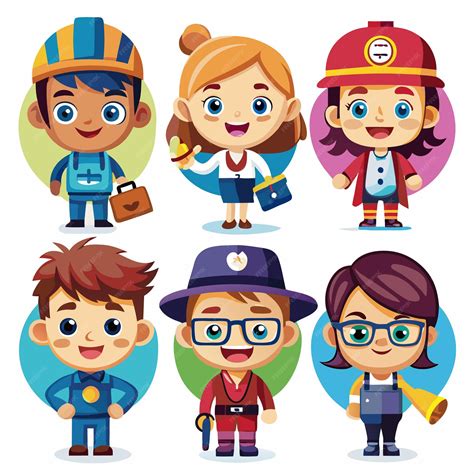 Set of cute cartoon children in different jobs and professions ...
