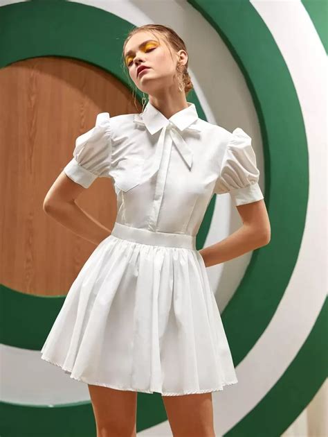 Rituales Tie Neck Puff Sleeve Shirt Dress | SHEIN USA