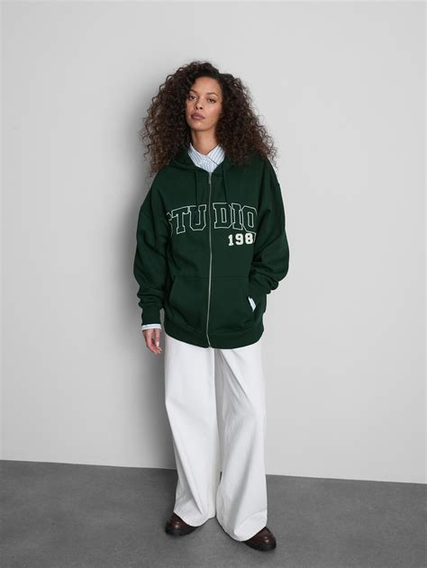 Womens Dark Green Oversized Graphic Zip Through Hoodie | Primark