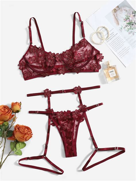 Floral Embroidery Mesh Underwire Garter Lingerie Set | SHEIN South Africa