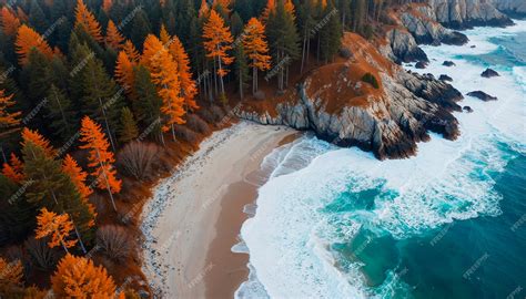 Autumn beach scene with colorful trees and rocky coast | AI-generated image