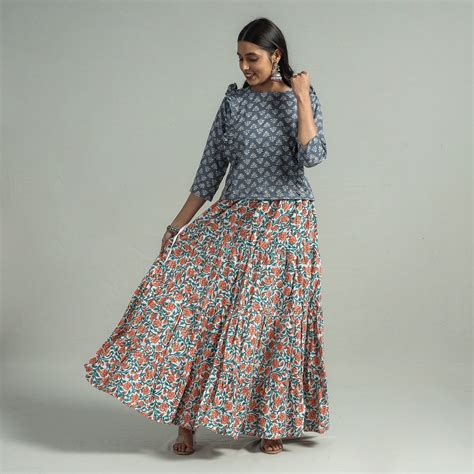 Sanganeri Block Printed Tiered Cotton Long Skirt