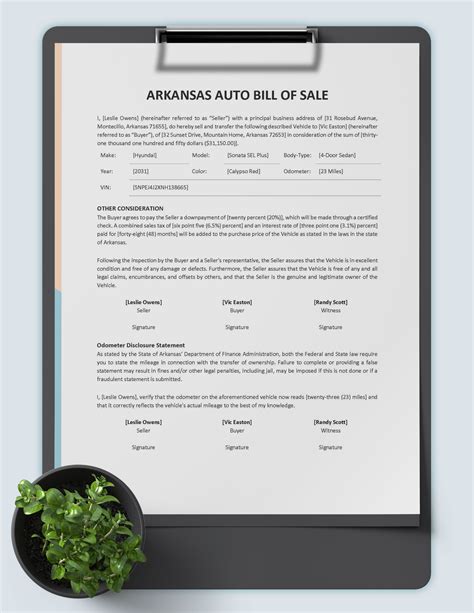 Arkansas Auto Bill of Sale Template in PDF, Word, Google Docs ...