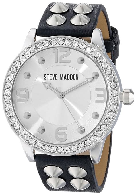 Steve Madden Women's SMW00010-04 Black Silver Cone Stud Strap Watch ...