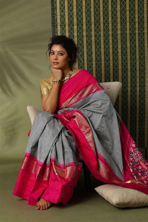 Black-Rani Pink Pure Silk Ikat Handloom Saree With Zari Border – Six ...