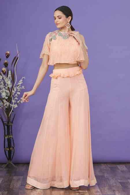 Buy Peach Embroidered Thread Work High Neck Crop Top And Sharara Set ...