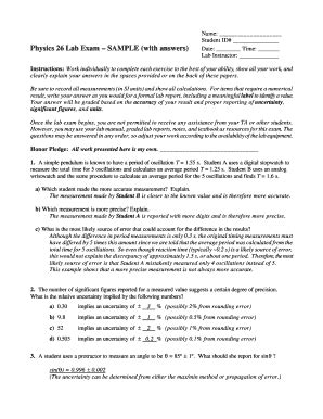 Fillable Online physics unc Name Student ID Physics 26 Lab Exam SAMPLE ...