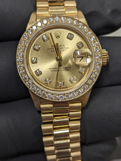Rolex Ladies 18k Gold President, Champangne Diamond Dial, Diamond Bezel ...