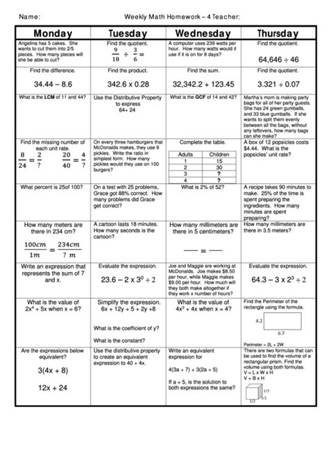 Image result for Weekly Math Homework Answer Key