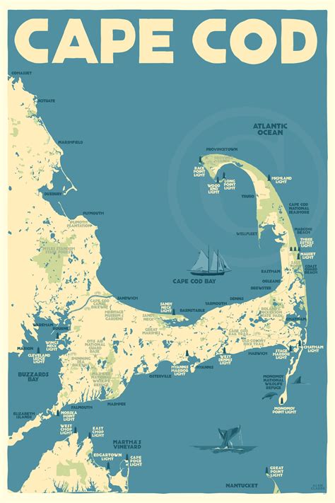 Cape Cod Map Art Print 36" x 53" Travel Poster By Alan Claude - Massac ...