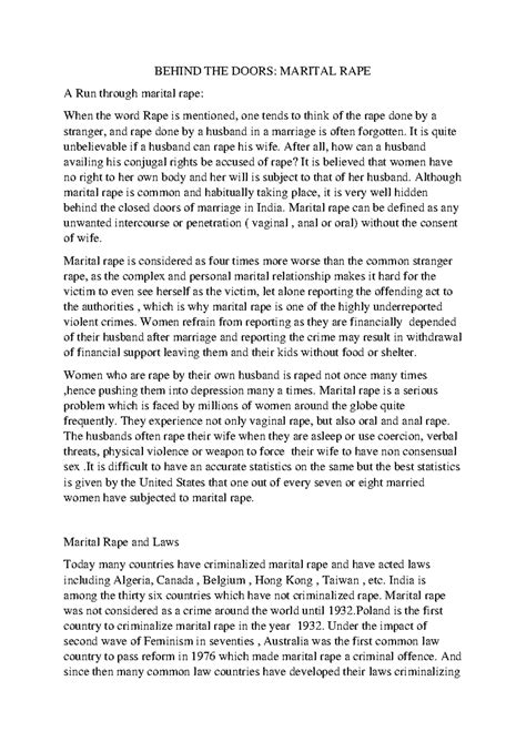 Marital Rape essay - BEHIND THE DOORS: MARITAL RAPE A Run through ...