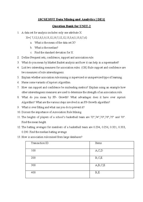 18CSE355T Data Mining & Analytics Quiz Question Bank - Unit 2 - Studocu