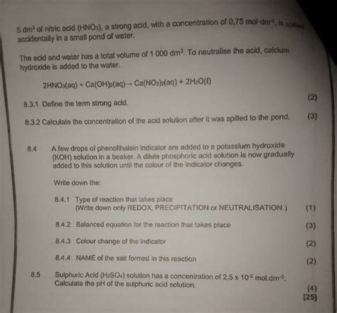 5 dm³ of nitric acid (HNO3), a strong acid, with a concentration of 0,75