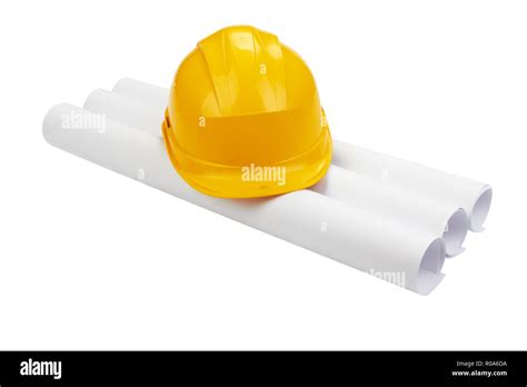 Drawings and hard hat on white Stock Photo - Alamy