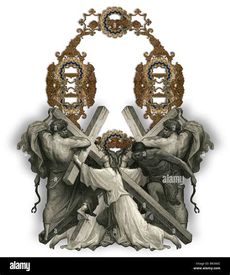 Victorian letter O with Jesus Christ, enfeebled by the weight of the cross Stock Photo - Alamy