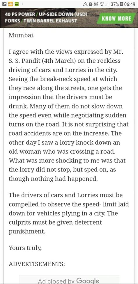 Write a letter to the editor complaining against the reckless driving ...