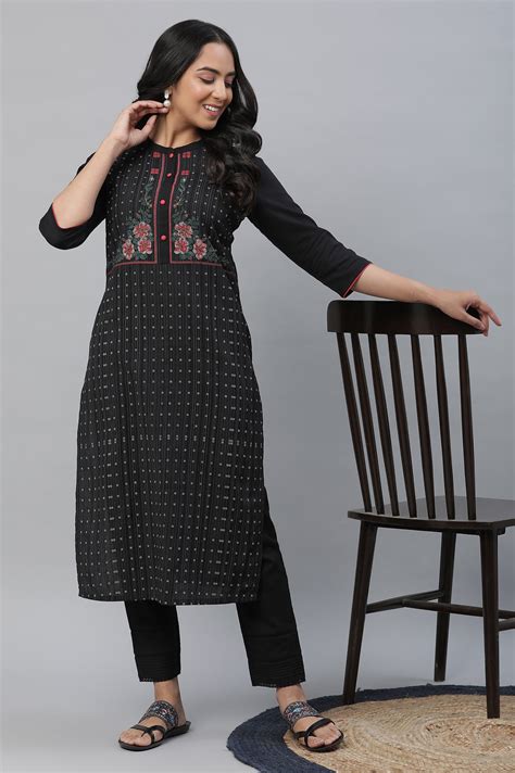 Buy Black Yoke Printed Cotton Blend Kurta Online for Woman | Shop for ...