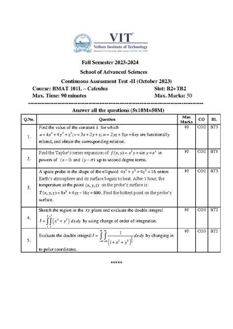 CAT 2 Qp, Key BMAT 101L - B2+TB2 - Fall Semester 2023- School of ...
