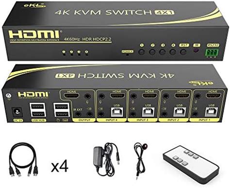 eKL HDMI USB 2.0 KVM Switch 4 in 1 Out 4K@60Hz 4:4:4 Supports Hotkeys ...