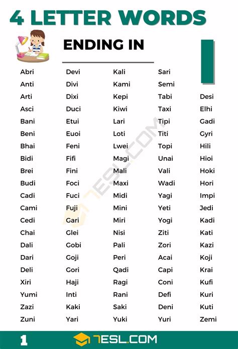 4 Letter Words Ending In I (350 Words in English) • 7ESL