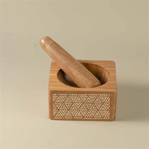 Trikona Okhli - Engraved wooden mortar pestle set | Triangle design ...