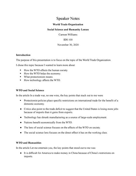 Speaker Notes Final - Speaker Notes World Trade Organization Social ...