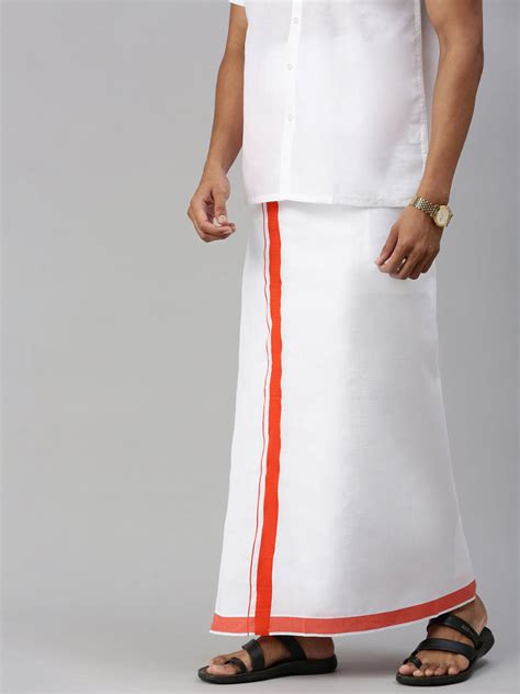 Men Cotton Blend Single Layer White Dhoti with Big Border 04