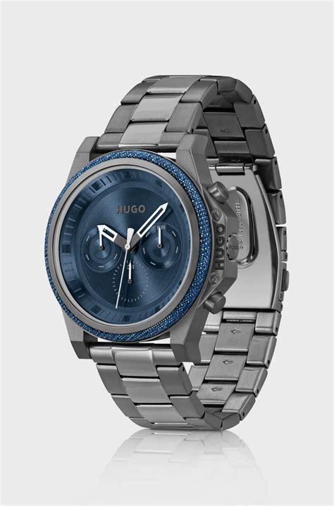 HUGO - Link-bracelet watch with blue dial and denim bezel - Grey