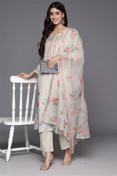 Varanga Women Olive Stripe And Floral Printed Straight Kurta With ...