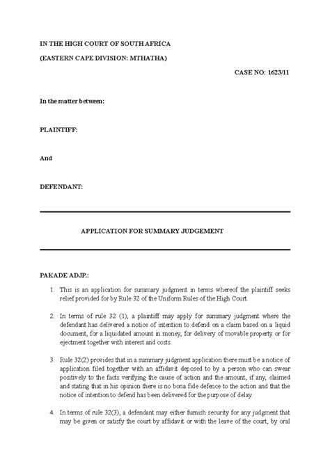Application FOR Summary Judgement - IN THE HIGH COURT OF SOUTH AFRICA ...