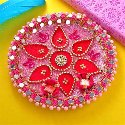 Attractive Set Of 2 Rakhis With Badam Pinni Batisha Slice & Pooja Thal ...