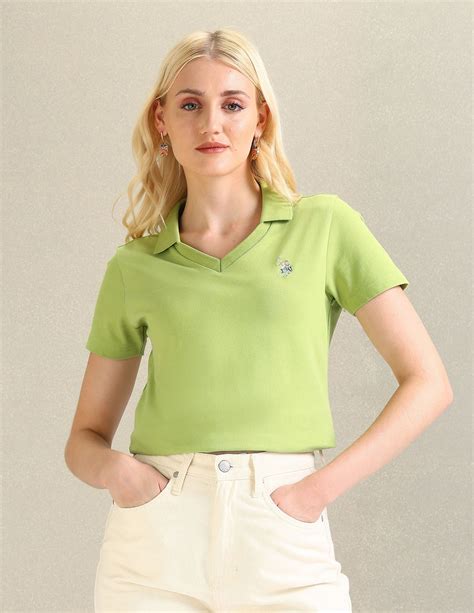 Buy Women V-Neck Solid Polo Shirt Green|U.S. Polo Assn. India – U.S ...