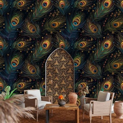 Mor Pankh Wallpaper for Wall, Green and Gold Color - Magicdecor®