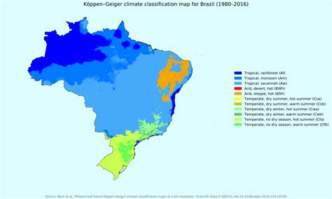Köppen–Geiger climate classification map for Brazil (1980-2016)