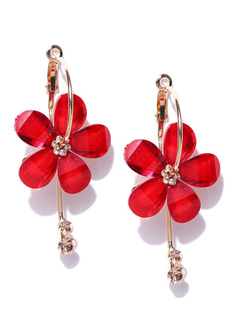 Gold-Plated Stones Studded Floral Drop Earrings in Red Color – Priyaasi