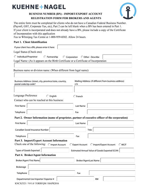 Fillable Online BN Registration Form - Kuehne + Nagel Canada Fax Email ...