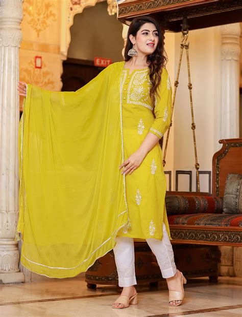Mustard Lucknow Chikankari Kurta Pant Set With Dupatta (pack of 3)
