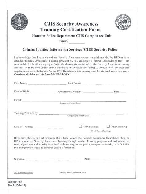 CJIS Security Awareness Training Certification Form - Blank Fillable ...