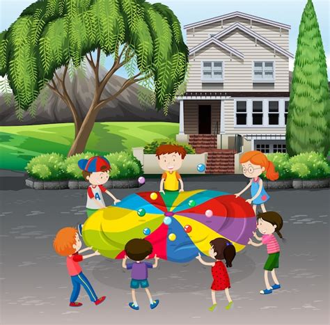 Children playing balance balls on the street | Free Vector
