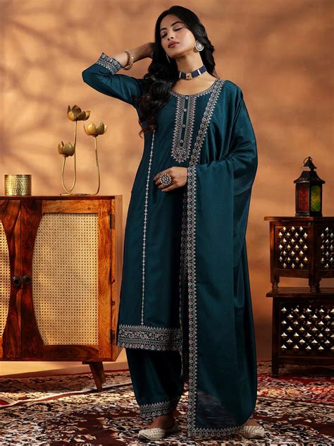 Buy Teal Embroidered Silk Blend Straight Suit With Dupatta Online at Rs ...