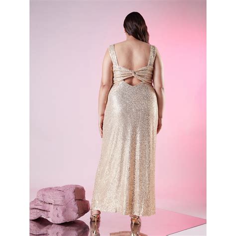 Buy Twenty Dresses by Nykaa Fashion Curve Gold Shimmer Slit Gown Online