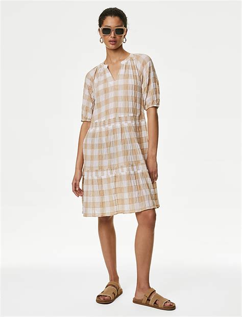 Buy Cotton Rich Checked Mini Tiered Dress at Marks & Spencer