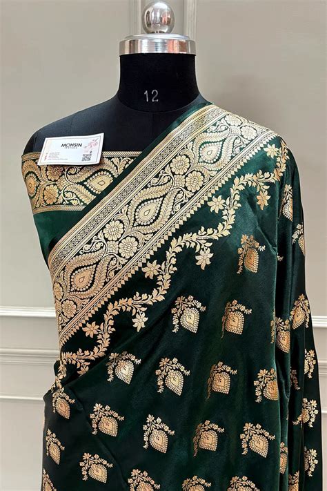 Bottle Green Ruby Buti Katan Silk Banarasi Saree – Mohsin Textiles
