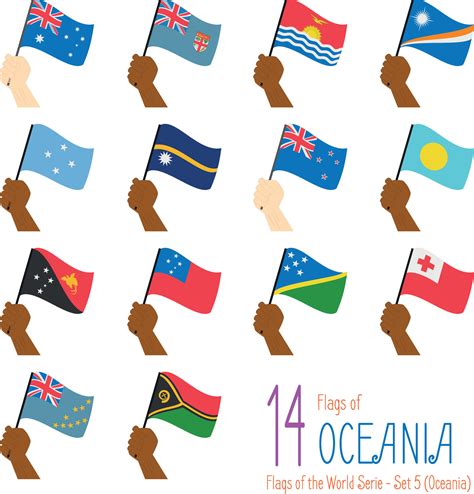 Set of 14 flags of Oceania. Hand raising the national flags of 14 countries of Oceania. Icon set ...