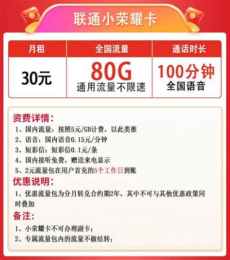 联通荣耀卡30元套餐介绍 80G流量+100分钟通话-唐木木博客